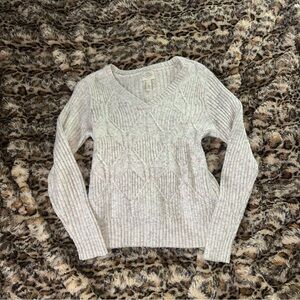 Women's Cream V-Neck Sweater with teal and purple details